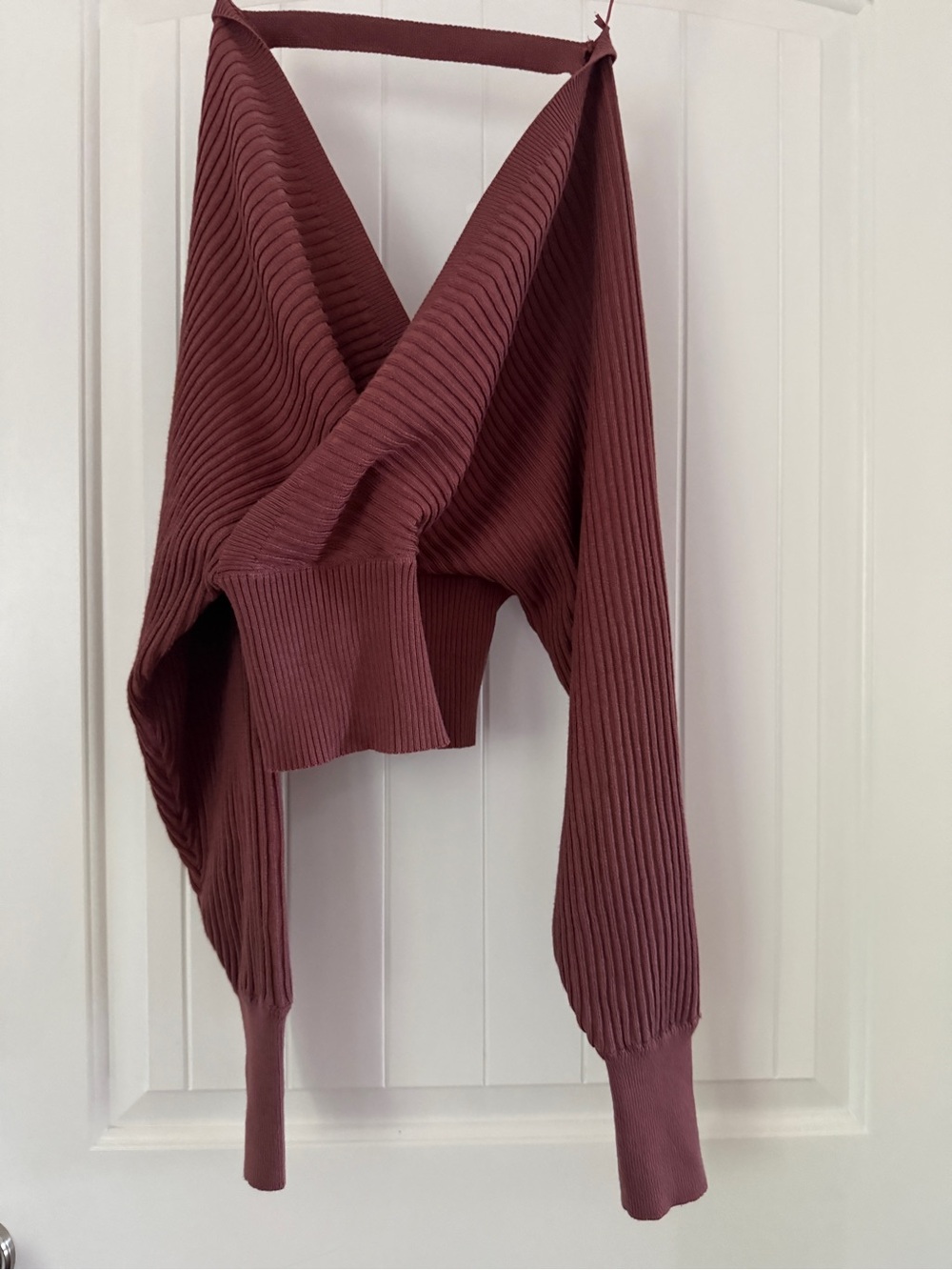 Ribbed V-Neck Wrap Sweater in Deep Rust